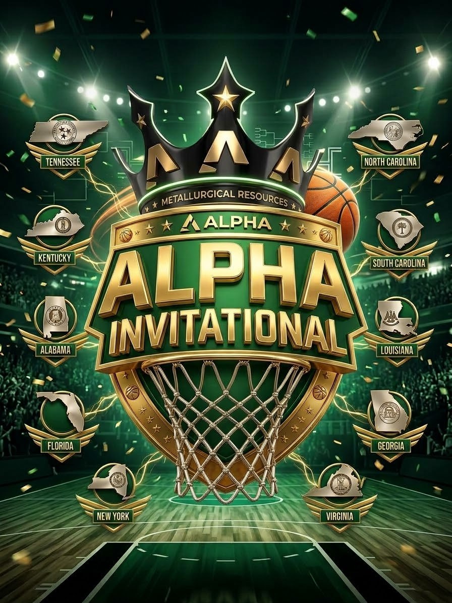 Alpha Invitational crest over a basketball hoop, surrounded by the states represented: Tennessee, Kentucky, Alabama, Florida, New York, North Carolina, South Carolina, Louisiana, Georgia and Virginia